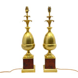 Large pair of mid century brass and Burr walnut lamps.