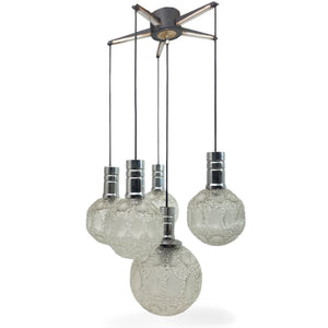 1960's 5 arm pendant light with textured glass spheres.