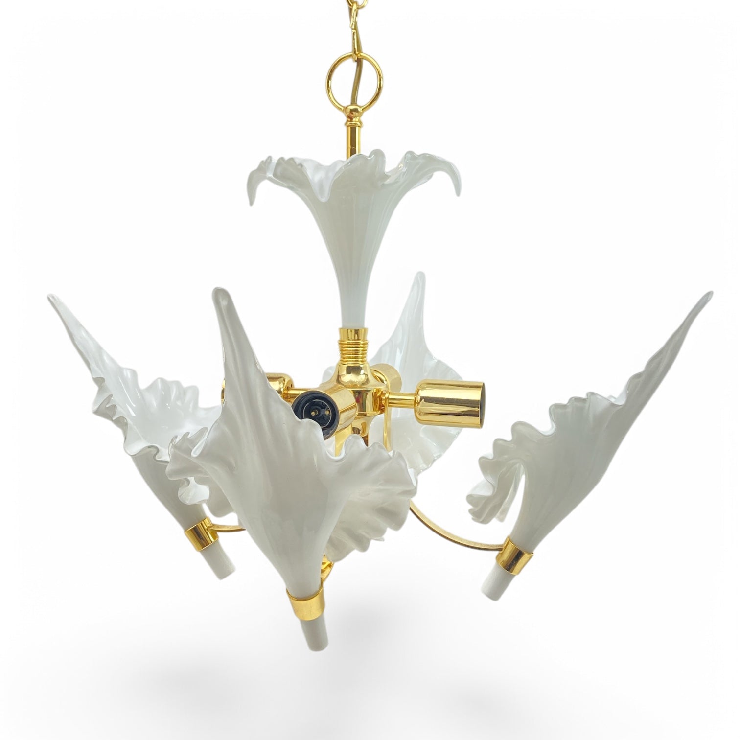 Striking Murano chandelier with opalescent white glass shades.