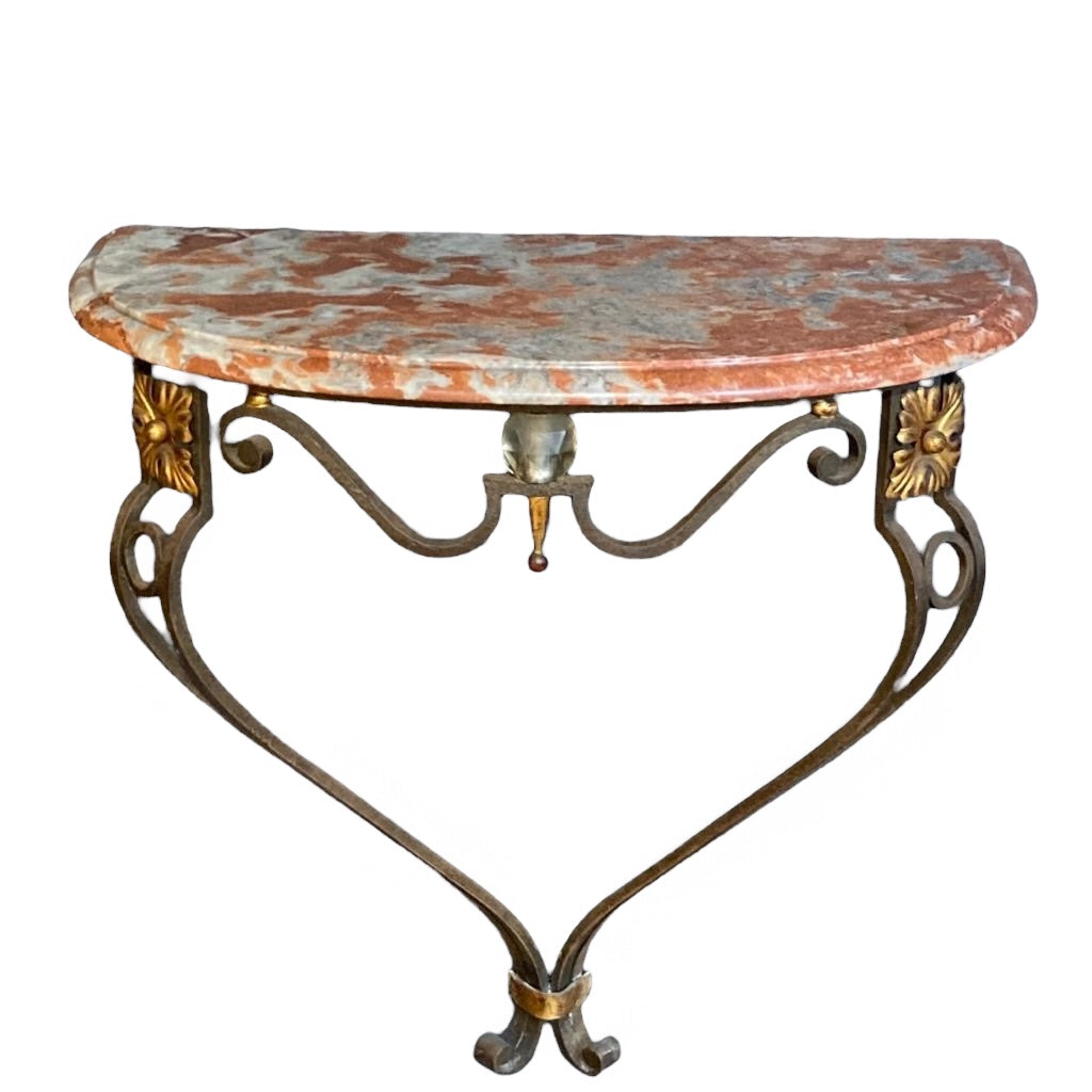 1920's French Iron console with rouge Royale marble top.