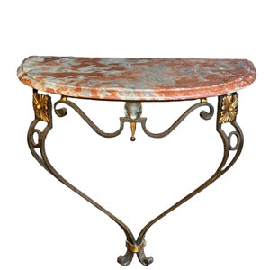 1920's French Iron console with rouge Royale marble top.