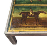 Extremely unusual campaign style coffee table with racehorses and  jockeys.