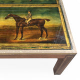 Extremely unusual campaign style coffee table with racehorses and  jockeys.