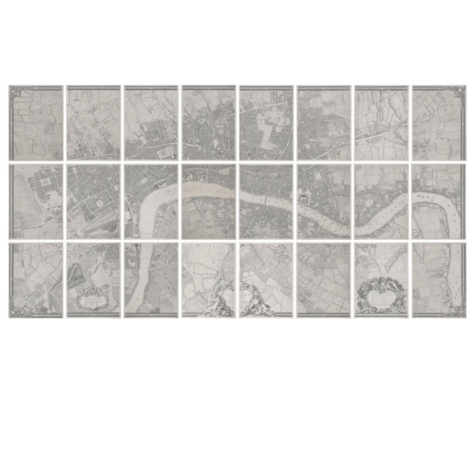 A Plan of the Cities of London and Westminster in 24 framed sections.