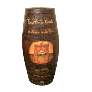 Antique Oak wine barrel with Grand Vin De Leoville painted inscription.