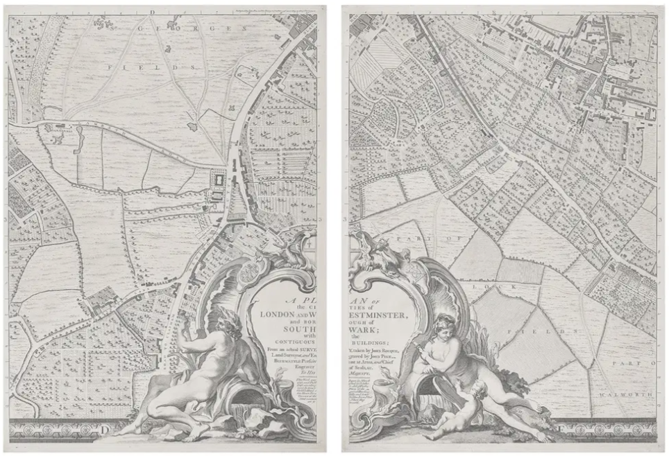 A Plan of the Cities of London and Westminster in 24 framed sections.