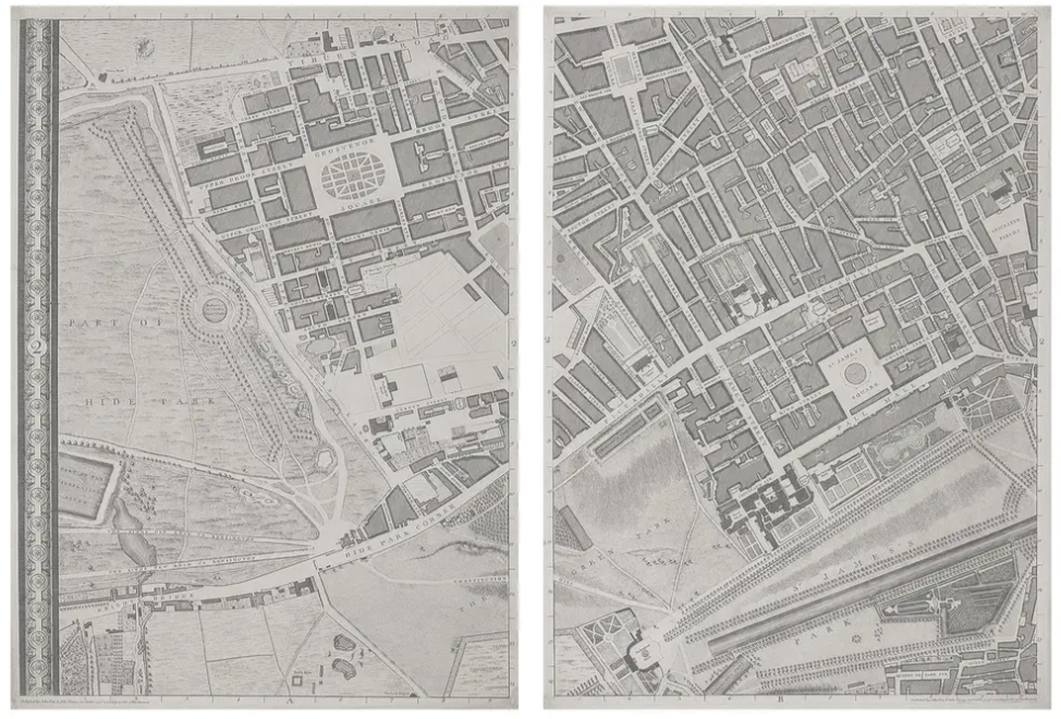 A Plan of the Cities of London and Westminster in 24 framed sections.